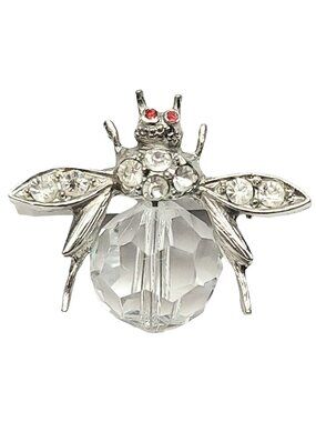 Pell Silver Tone Red Eye Clear Faceted Glass Belly Bee Insect Brooch, Signed